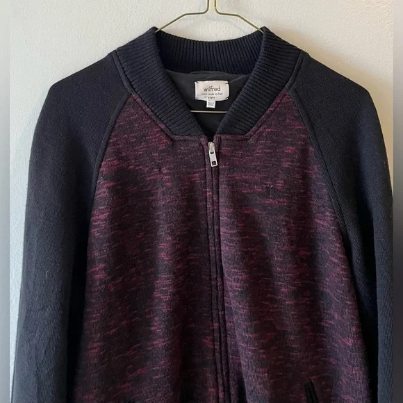 Aritzia Wilfred Varsity Bomber Jacket Size 8 Wool & Cotton Blend Black/ Maroon - Picture 4 of 12
